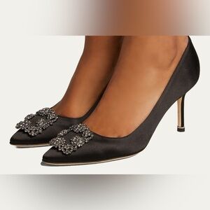 Manolo Blahnik Black Satin Women's Shoes with Embellished Buckle